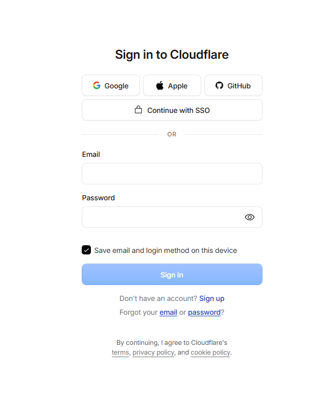 Форма входа и регистрации в Cloudflare